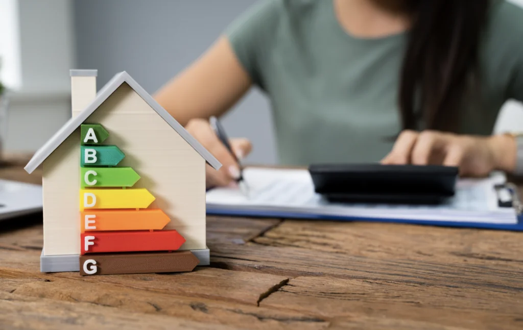 A house on a desk displaying the EPC ratings which are used to determine Minimum Energy Efficiency Standards.  