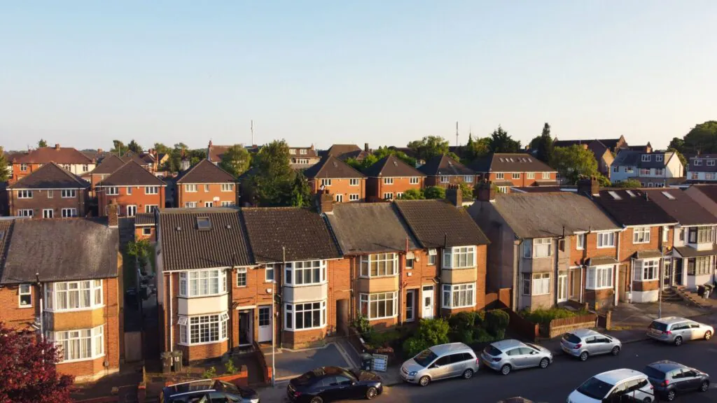Suburban Street Terraced UK houses drone shot