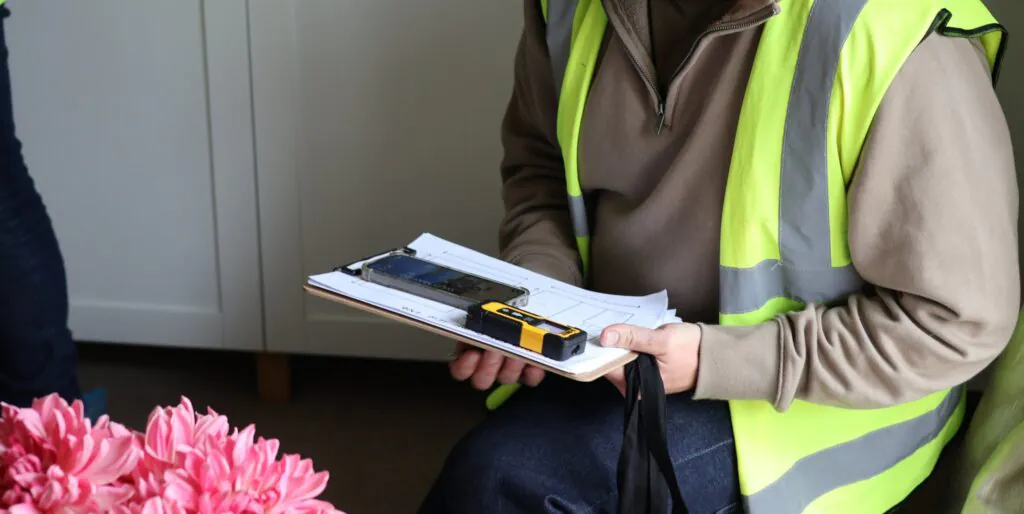 Domestic Energy Assessor on site with floor plan, laser measure and sit enotes in hand creating an energy performance certificate (EPC)
